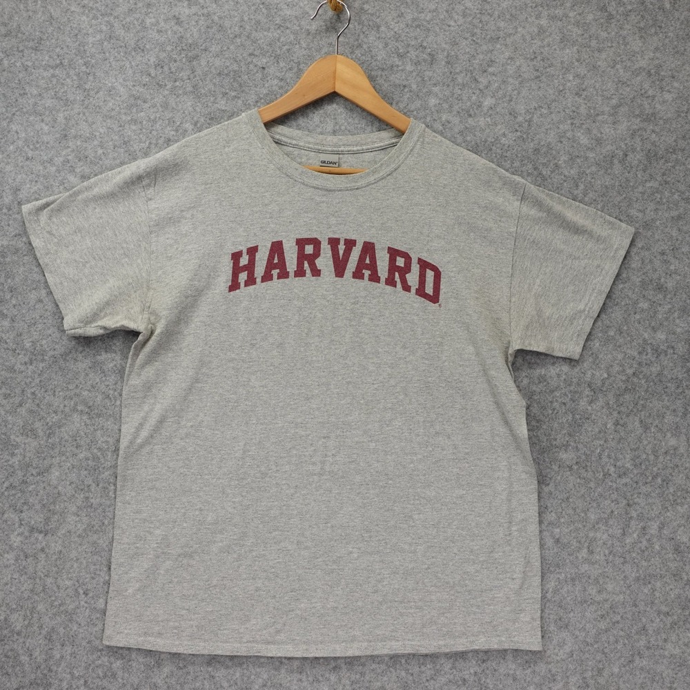 HARVARD University T Shirt LARGE Heather Spell Out College Tee GILDAN Heavy